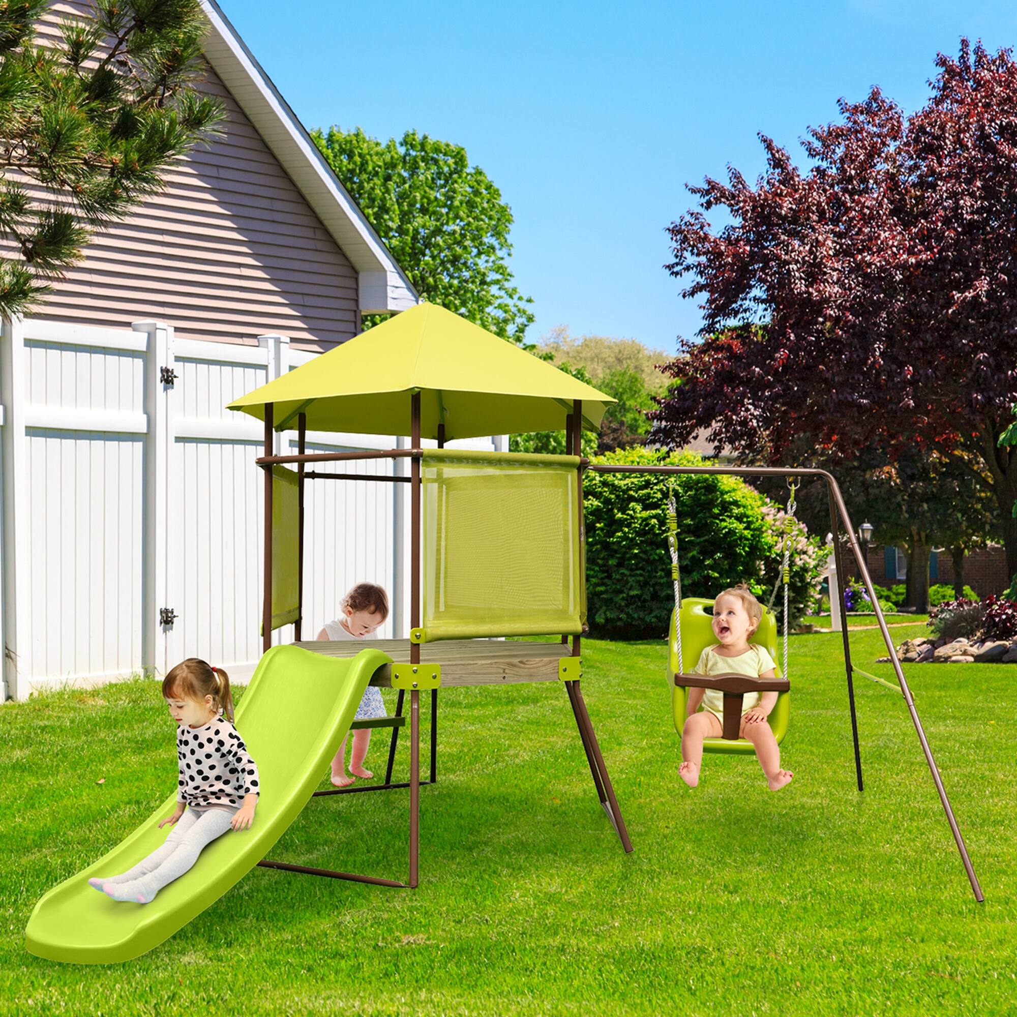Alt View 1. Costway - Costway 4-in-1 Swing Set with Covered Playhouse Fort Height Adjustable Baby Seat Slide - Green.