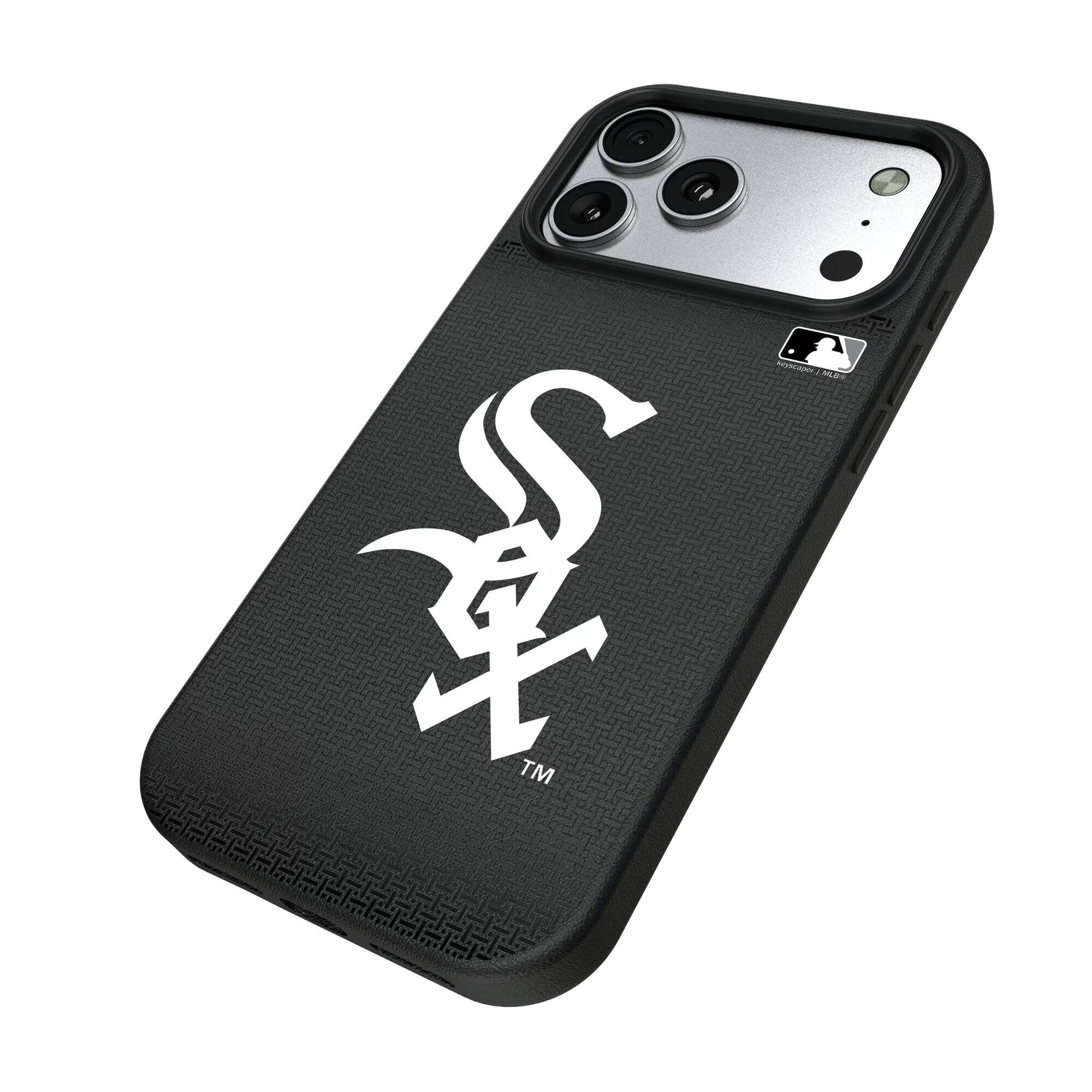 Alt View 1. Keyscaper - Chicago White Sox Linen Logo iPhone Magnetic Bump Case - 15 Plus - Black.