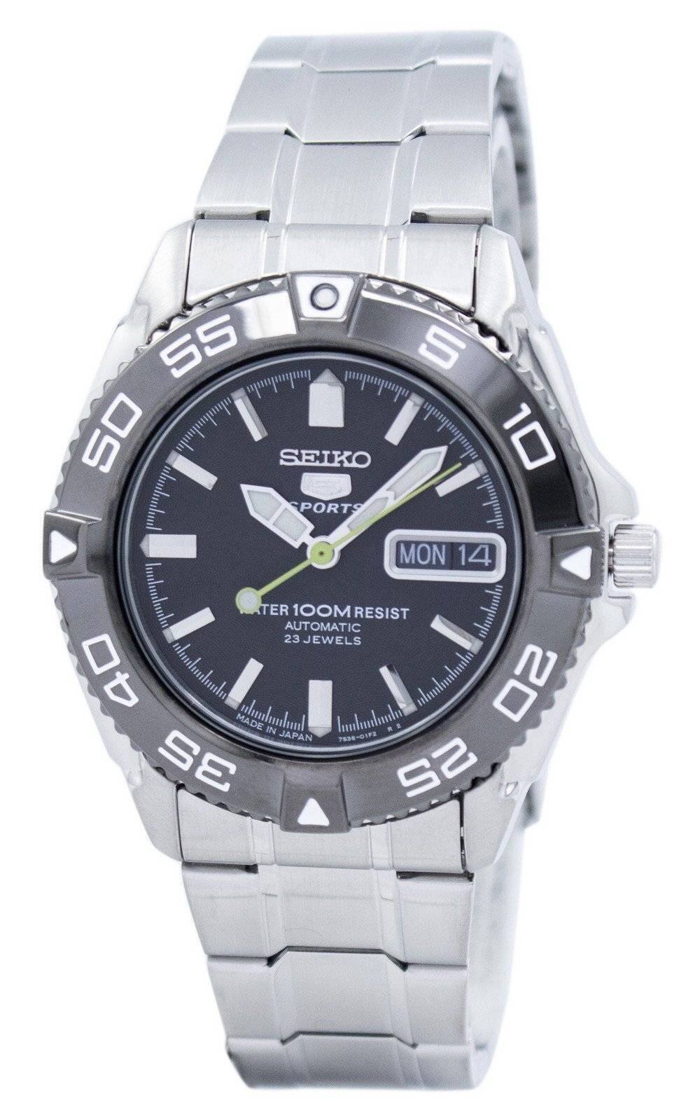 Seiko - 5 Sports Automatic SNZB23J1 Mens Watch 23 Jewels Japan Made Stainless Steel Black Dial Date/Day Display 100M - Grey/Black