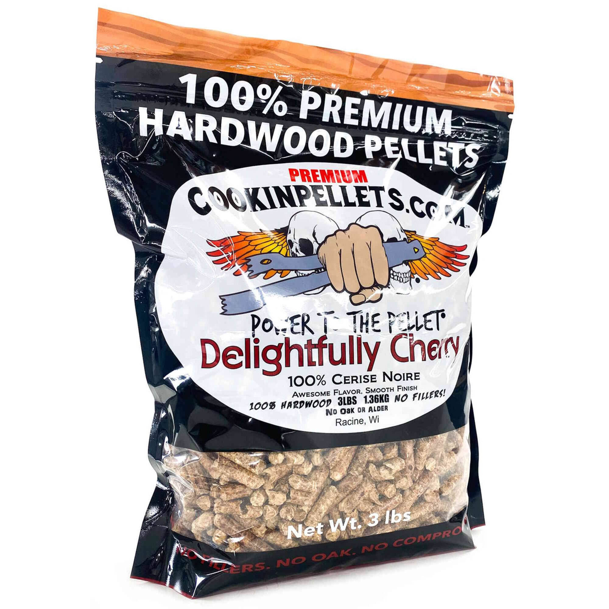 100% PREMIUM HARDWOOD PELLETS  
PREMIUM COOKINPELLETS.COM  
POWDER THE PELLET  
Delightfully Cherry  
100% CERISE NOIRE  
AWESOME FLAVOR. SMOOTH FINISH. NO FILLERS!  
3LBS 1.36KG  
100% HARDWOOD ALDER  
No OAK OR ALDER  
Racine, WI  
Net Wt. 3 lbs  
NO OAK. NO COMPRO. NO VOTTLERS.