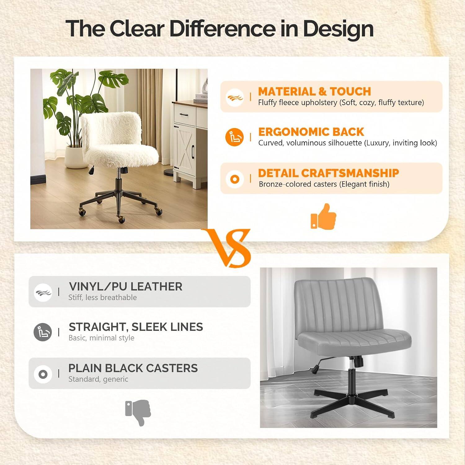 The Clear Difference in Design

MATERIAL & TOUCH
Fluffy fleece upholstery (Soft, cozy, fluffy texture)

ERGONOMIC BACK
Curved, voluminous silhouette (Luxury, inviting look)

DETAIL CRAFTSMANSHIP
Bronze-colored casters (Elegant finish)

VS

VINYL/PU LEATHER
Stiff, less breathable

STRAIGHT, SLEEK LINES
Basic, minimal style

PLAIN BLACK CASTERS
Standard, generic
