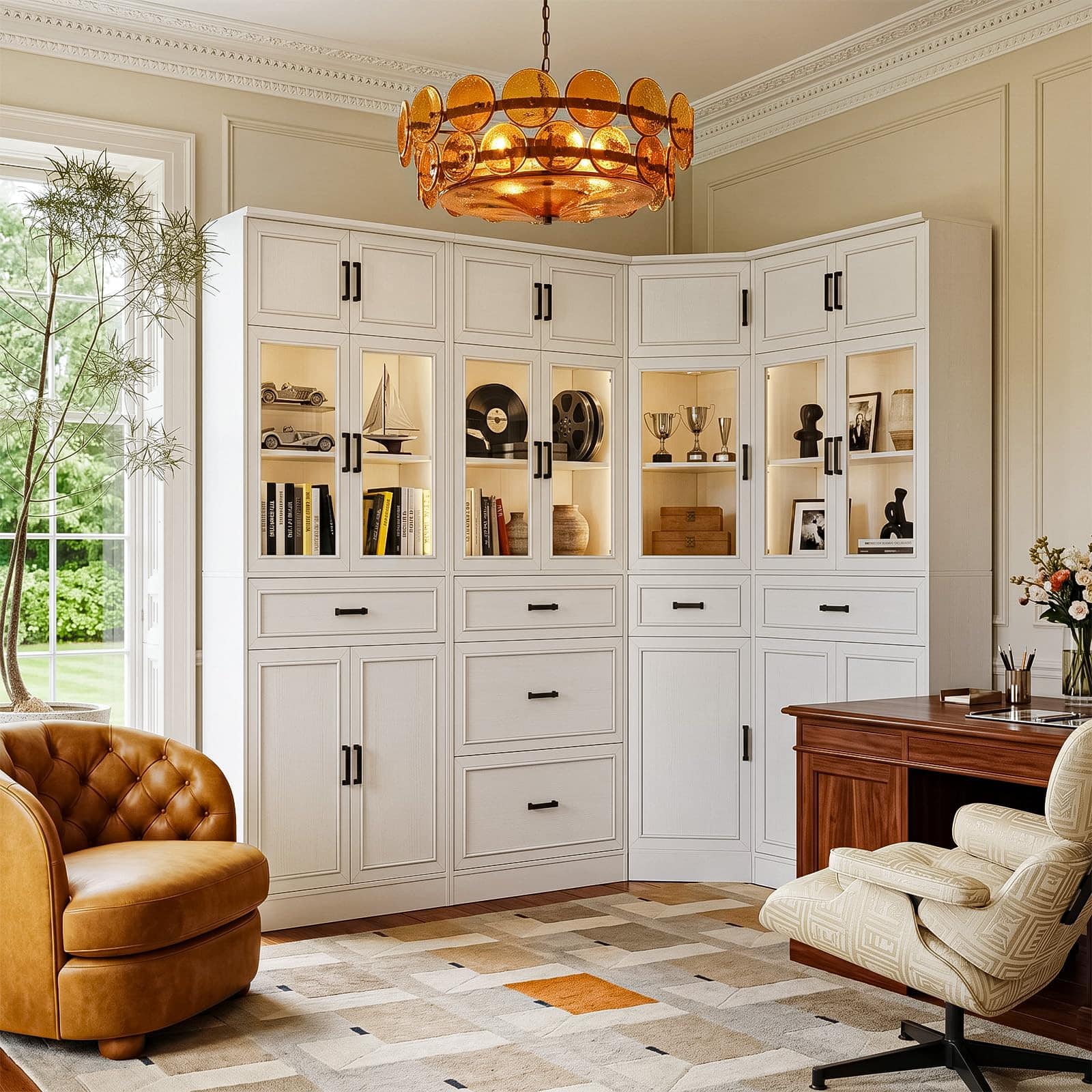 Front. Aheaplus - 80" Tall Corner Bookcase & Storage Cabinet Set - Versatile Organizer for Home Office, Living & Dining Room - White.