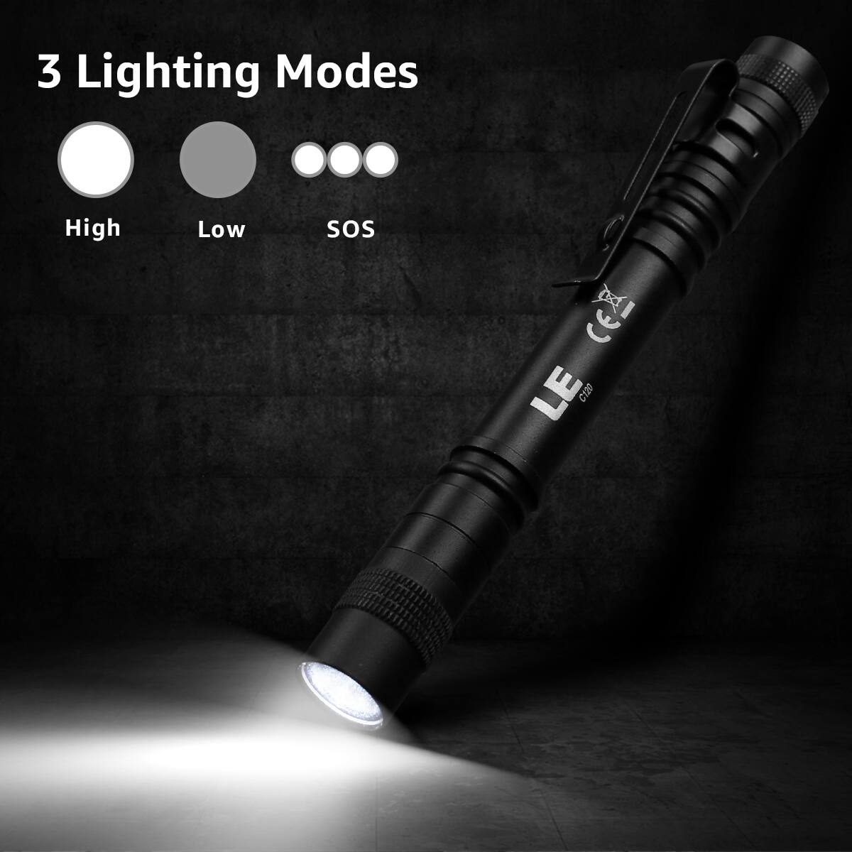 3 Lighting Modes  
High  
Low  
SOS  

LE C120