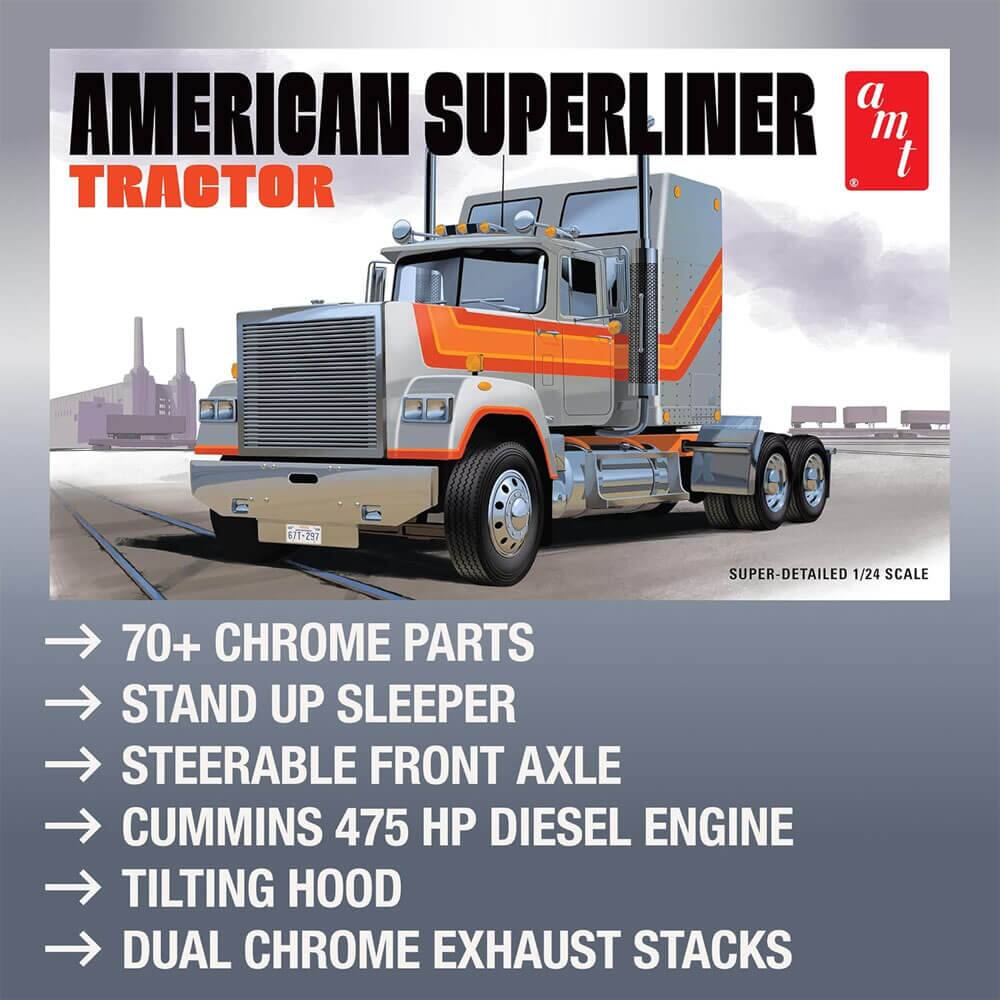 AMERICAN SUPERLINER TRACTOR

- 70+ CHROME PARTS
- STAND UP SLEEPER
- STEERABLE FRONT AXLE
- CUMMINS 475 HP DIESEL ENGINE
- TILTING HOOD
- DUAL CHROME EXHAUST STACKS

SUPER-DETAILED 1/24 SCALE
