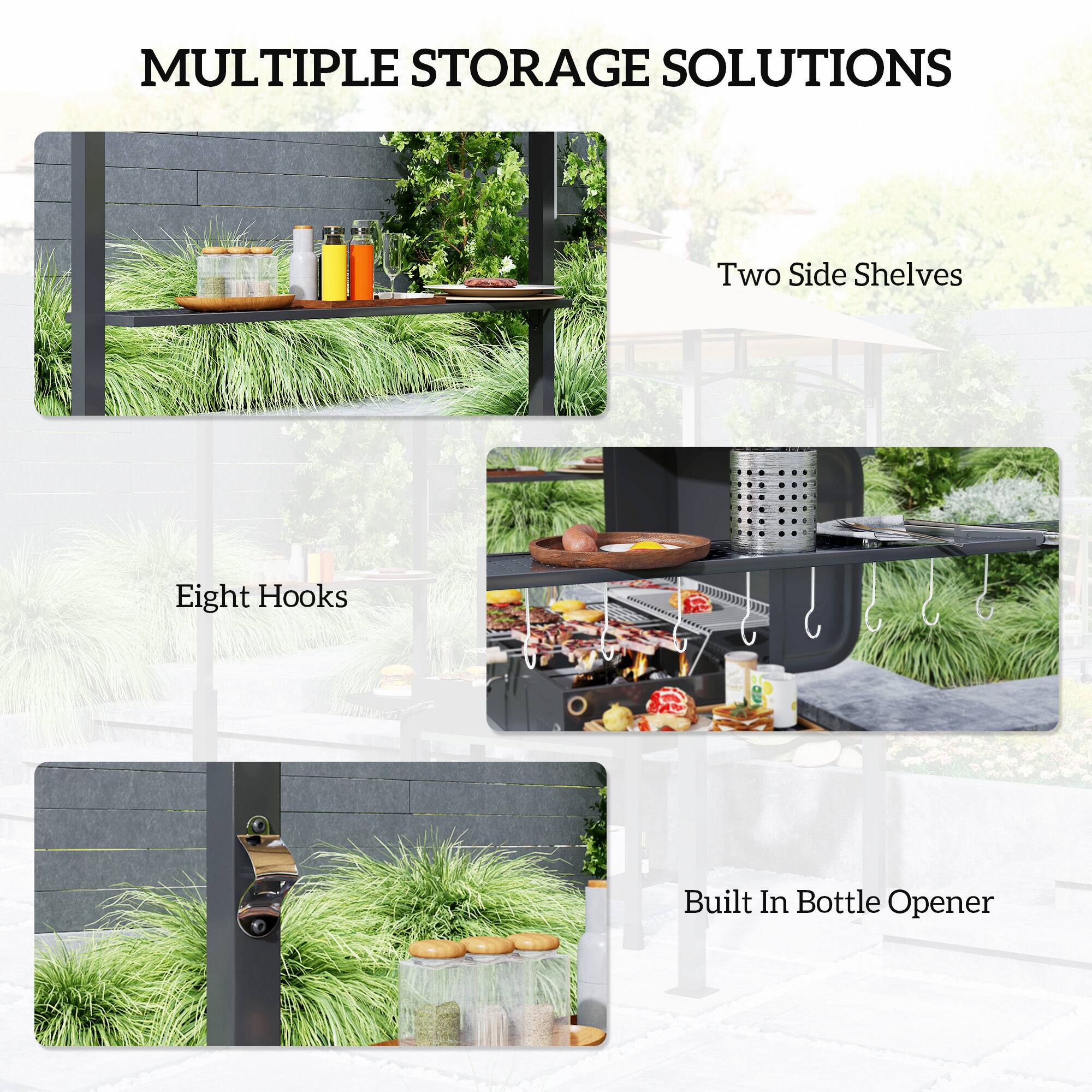 MULTIPLE STORAGE SOLUTIONS
Two Side Shelves
Eight Hooks
Built In Bottle Opener