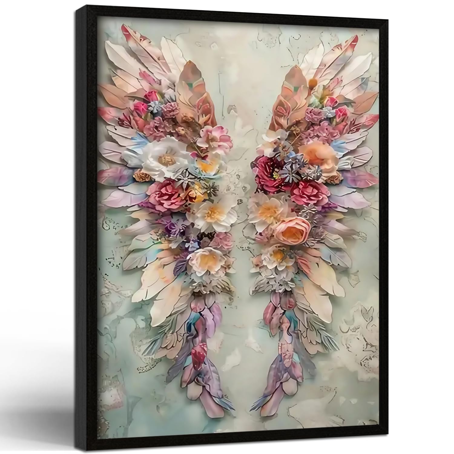 Front. Fabibe - Framed Black and White Flower Abstract Wall Art Modern Neutral Canvas Prints Posters Pictures Gallery Wall Decor Living - Colorful Floral Angel Wings 16"L x 12"W.