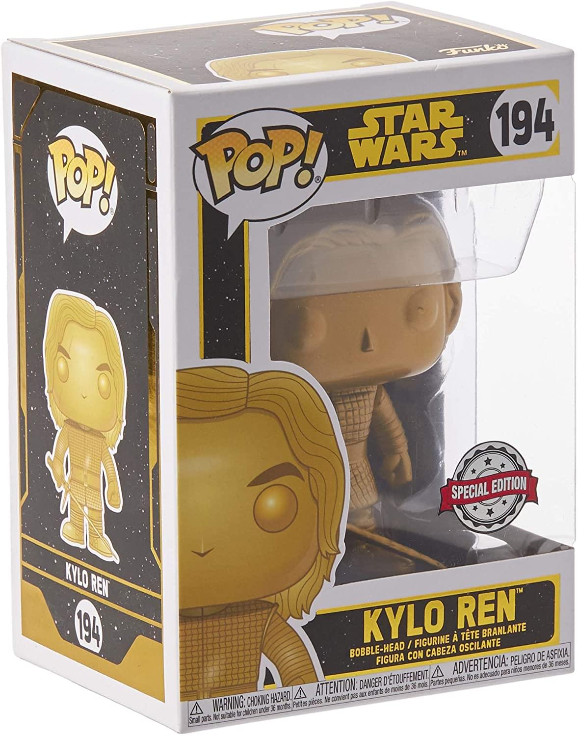 **Front:**
- POP! STAR WARS 194
- KYLO REN
- SPECIAL EDITION

**Side:**
- POP! KYLO REN 194

**Back:**
- KYLO REN
- BOBBLE-HEAD / FIGURINE À TÊTE BRANLANTE
- FIGURA CON CABEZA OSCILANTE
- WARNING: CHOKING HAZARD. Small parts. Not suitable for children under 36 months.
- ATTENTION: DANGER D'ÉTOUFFEMENT. Petites pièces. Ne convient pas aux enfants de moins de 36 mois.
- ADVERTENCIA: PELOJO DE ASFIXIA. Piezas pequeñas. No es adecuado para niños menores de 36 meses.
