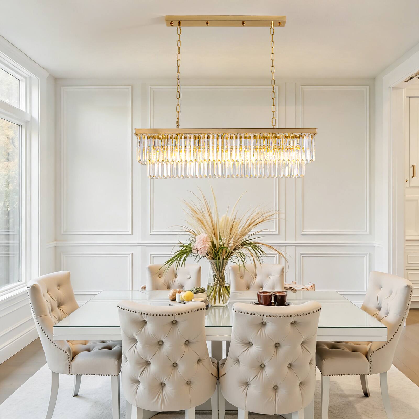 Left. Siljoy - 40-inch 7 Light Gold Crystal Linear Chandelier with Adjustable Chain for Dining Room and Kitchen Island - Gold.