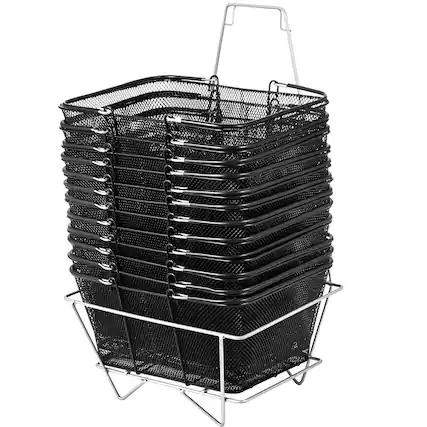 Front. VEVOR - Shopping Baskets with Handles, 12PCS, Black Metal Shopping Basket, Portable Wire Shopping Basket, Black Wire Mesh - Black.