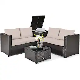 Costway - 4PCS Outdoor Patio Rattan Furniture Set Cushioned Loveseat Storage Table - Brown