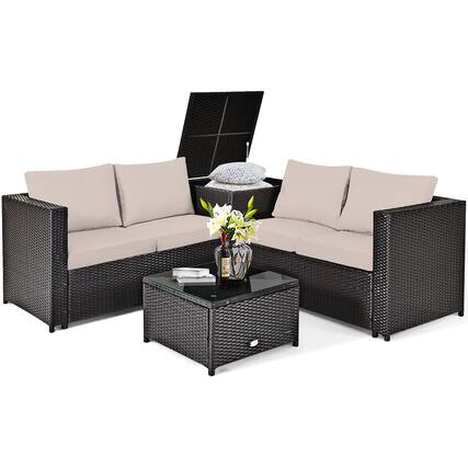 Front. Costway - Costway 4PCS Outdoor Patio Rattan Furniture Set Cushioned Loveseat Storage Table - Brown.