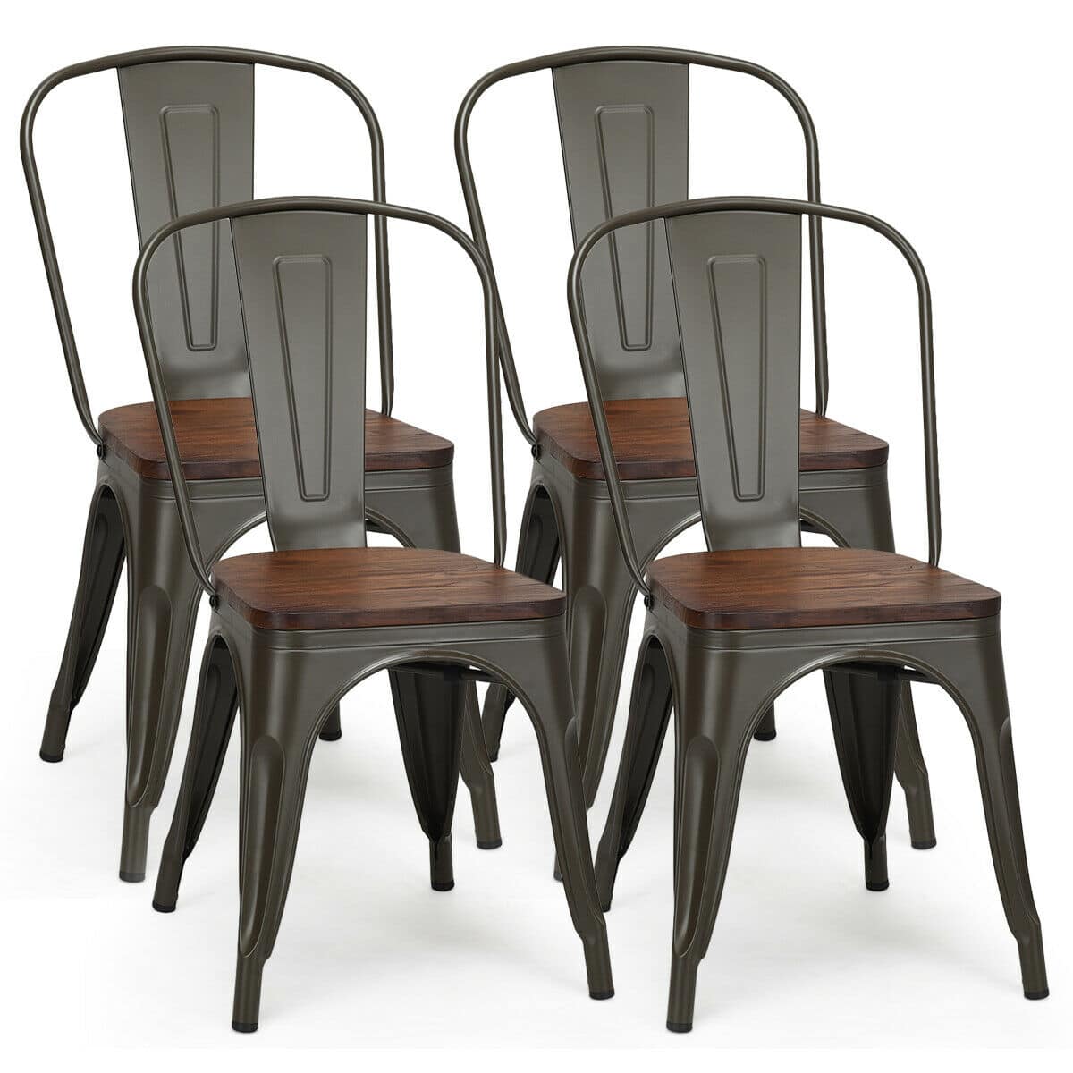 Costway - Set of 4 Style Metal Dining Side Chair Wood Seat Stackable Bistro Cafe - Gunmetal