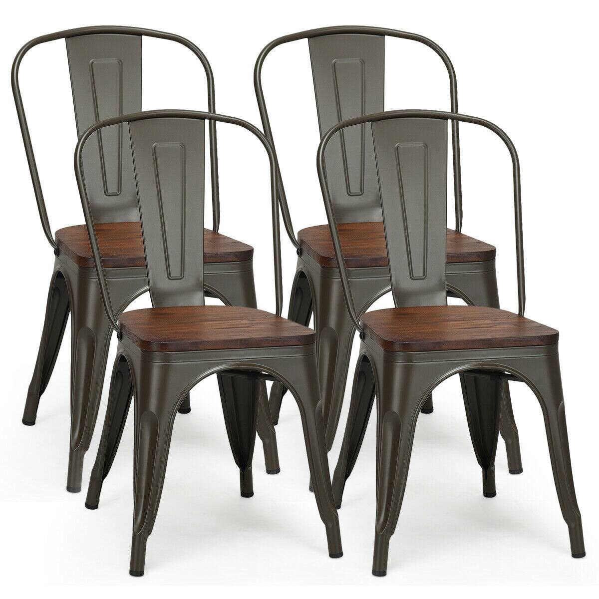 Front. Costway - Costway Set of 4 Style Metal Dining Side Chair Wood Seat Stackable Bistro Cafe - Gunmetal.