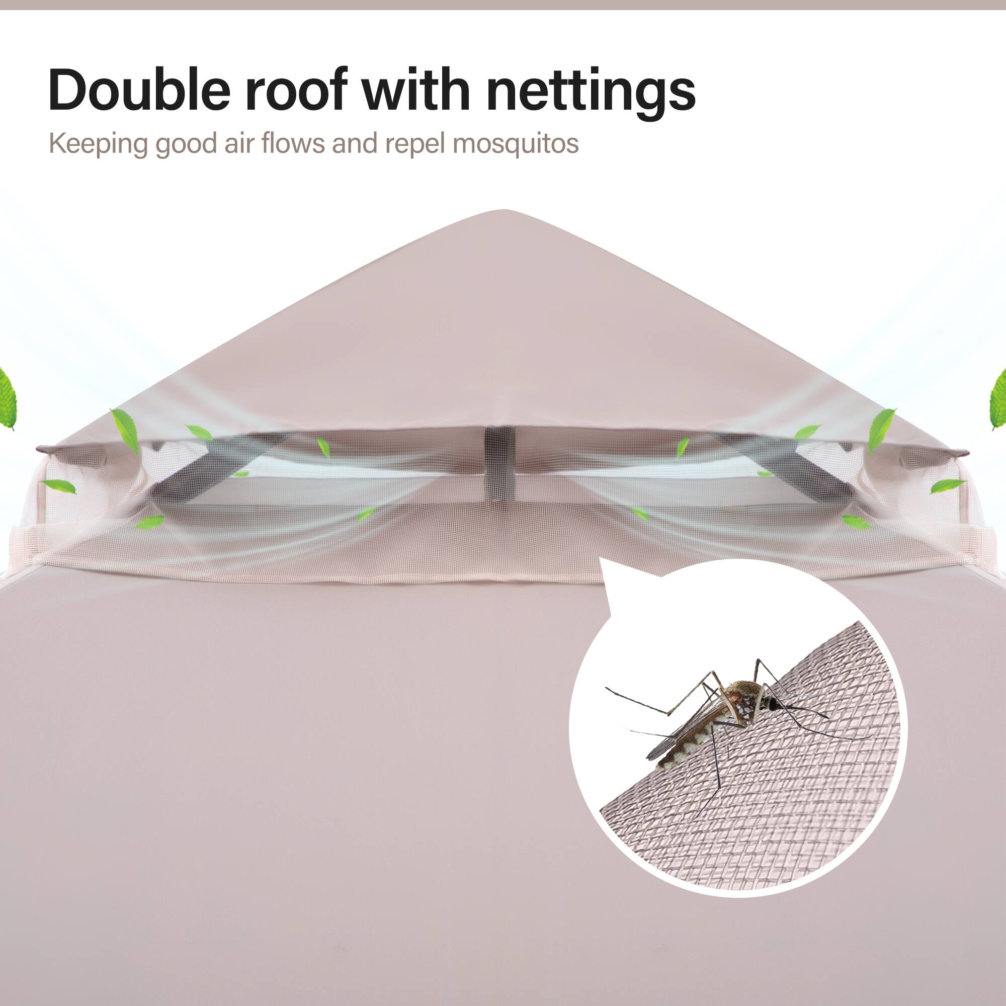 Double roof with nettings  
Keeping good air flows and repel mosquitos