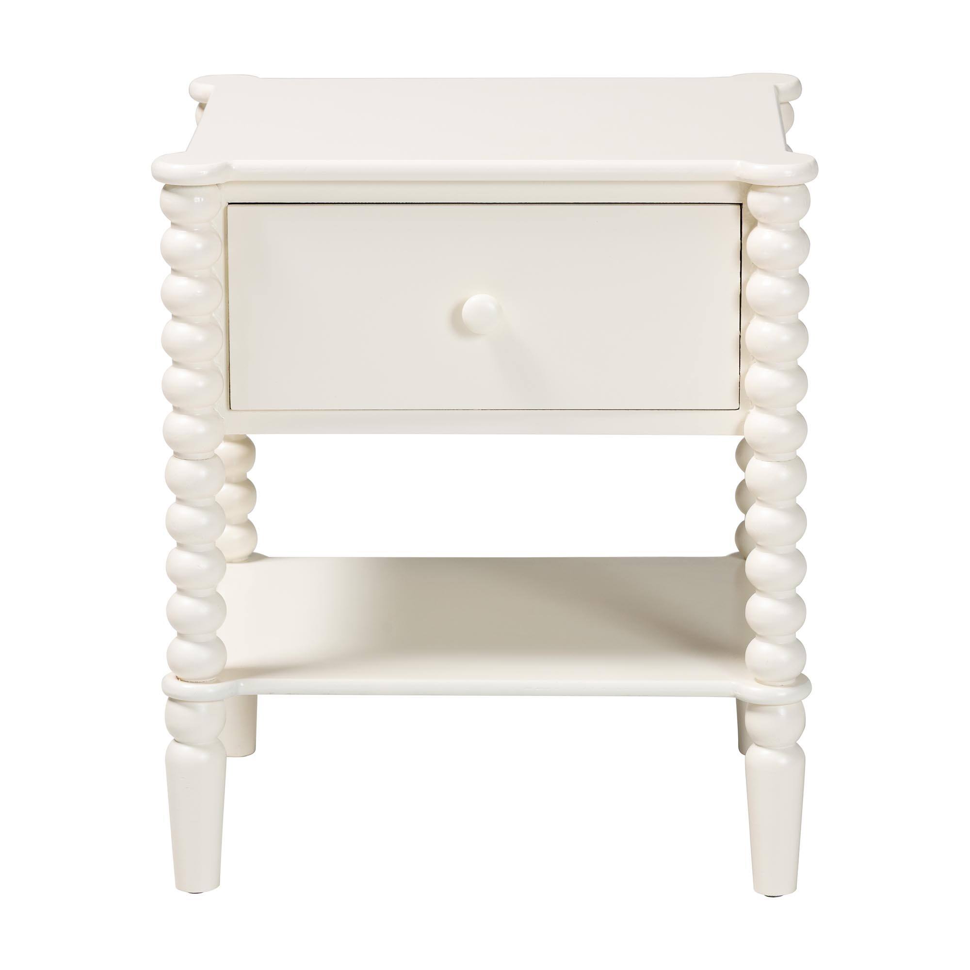 Left. Baxton Studio - Rimona End Table with Bobbin Legs - 1-Drawer Accent Table with Spindle Turned Legs and Open Shelf - White.