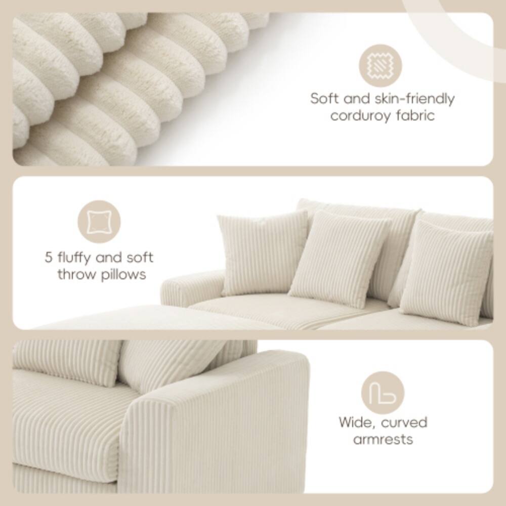- Soft and skin-friendly corduroy fabric
- 5 fluffy and soft throw pillows
- Wide, curved armrests