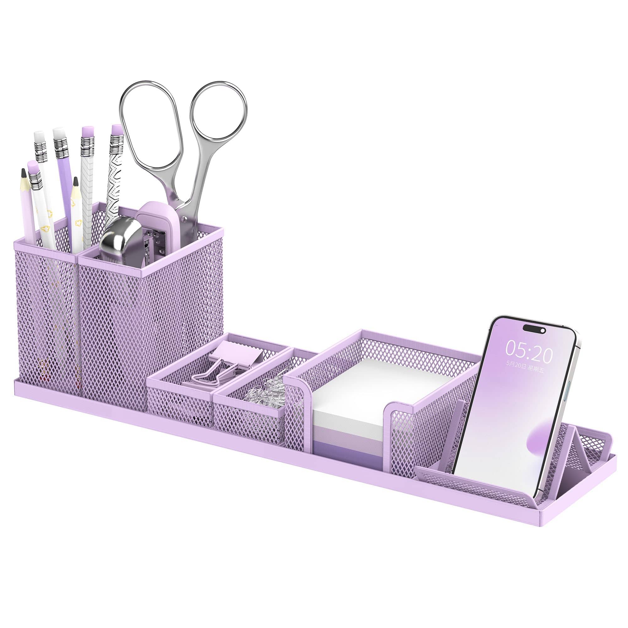 Dapper Styles - Pen Holder For Desk Mesh Organizer Set Office Organization With Mail Letter Phone Sticky Notes Storage - Purple