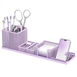 Dapper Styles - Pen Holder For Desk Mesh Organizer Set Office Organization With Mail Letter Phone Sticky Notes Storage - Purple