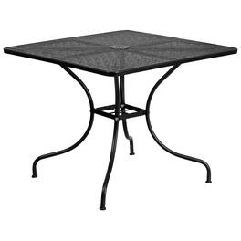 Emma + Oliver - Commercial Grade 35.5" Square Colorful Metal Garden Patio Table with Umbrella Hole - Black