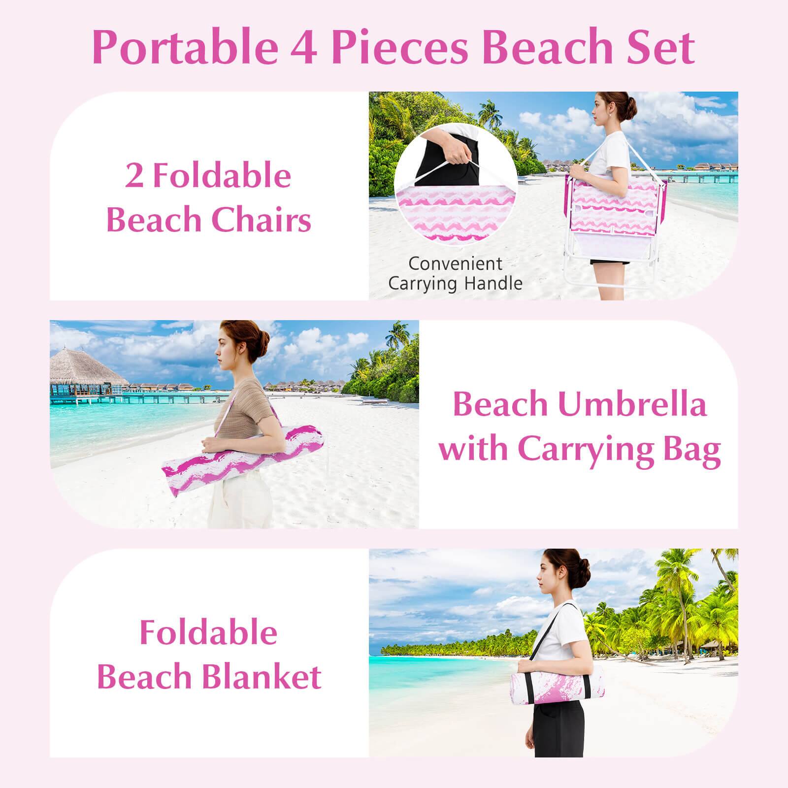 Portable 4 Pieces Beach Set

- 2 Foldable Beach Chairs
- Convenient Carrying Handle
- Beach Umbrella with Carrying Bag
- Foldable Beach Blanket
