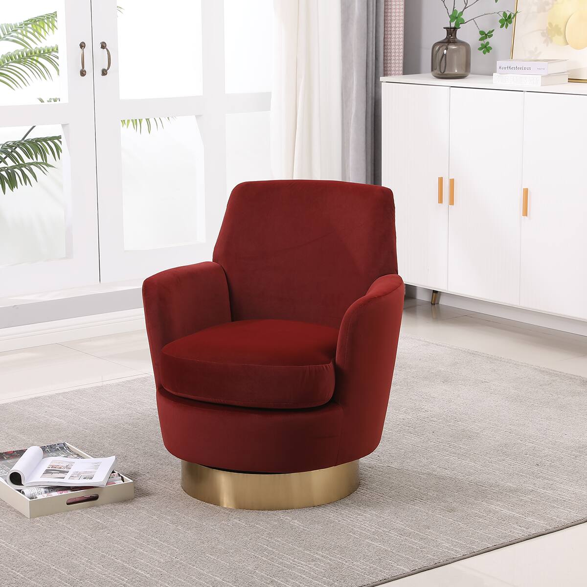 Left. Trinkets Crazed - Swivel Barrel Chair,Modern Comfy Velvet Upholstered Round Swivel Accent Chairst,360 Degree Single Sofa Chair Armchair - Red.