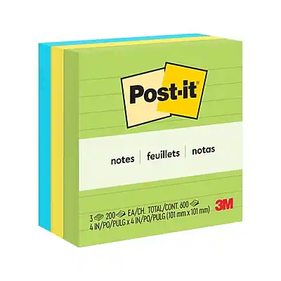 Post-it
notes feuilletas notas
3 EA/CH TOTAL/CONT. 600
3M 200 (101 mm x 4 IN/PO/PULG)
4 IN/PO/PULG x 4 IN/PO/PULG (101 mm x 101 mm)