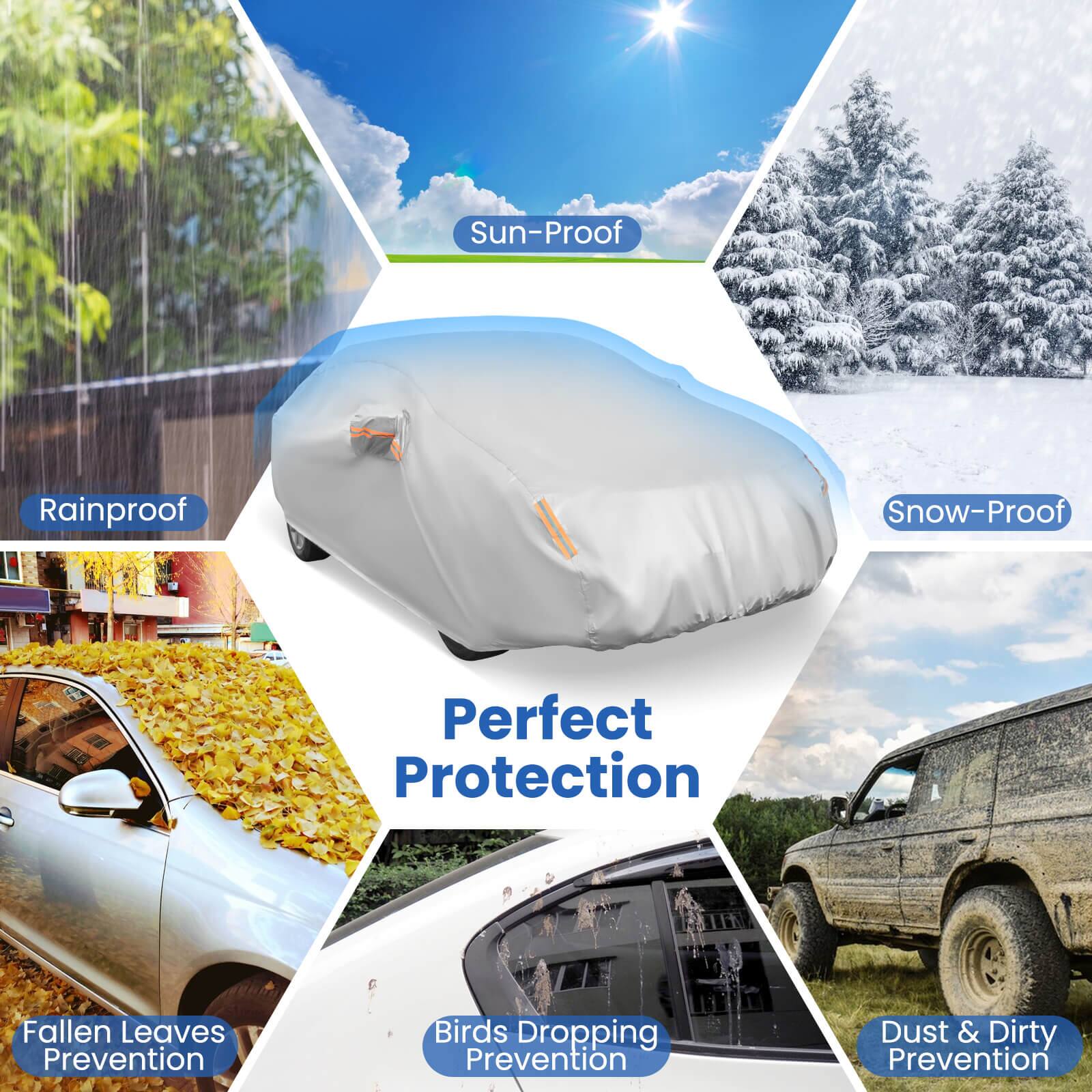 Sun-Proof  
Rainproof  
Snow-Proof  

Perfect Protection  

Fallen Leaves Prevention  
Birds Dropping Prevention  
Dust & Dirty Prevention