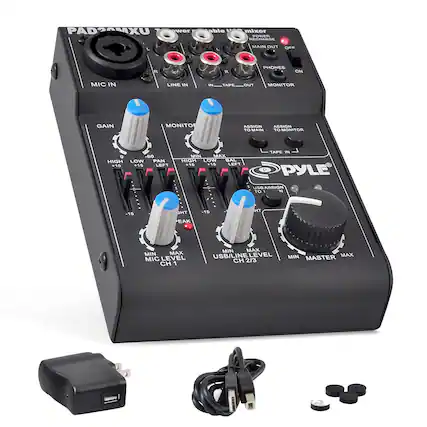 PAD24MXU
- MIC IN
- LINE IN
- TAPE IN
- MAIN OUT
- PHONES
- MONITOR
- TAPE OUT
GAIN
- HIGH
- LOW
- PEAK
MONITOR
- HIGH
- LOW
- PEAK
USB/ASSIGN
- USB/LINE LEVEL CH 1
- USB/LINE LEVEL CH 2/3
MASTER
- MIN
- MAX
ASSIGN TO MAIN
- ASSIGN TO MONITOR
MIC LEVEL CH 1
- MIN
- MAX
USB/LINE LEVEL CH 2/3
- MIN
- MAX
POWER
- OFF
- ON
PYLE
