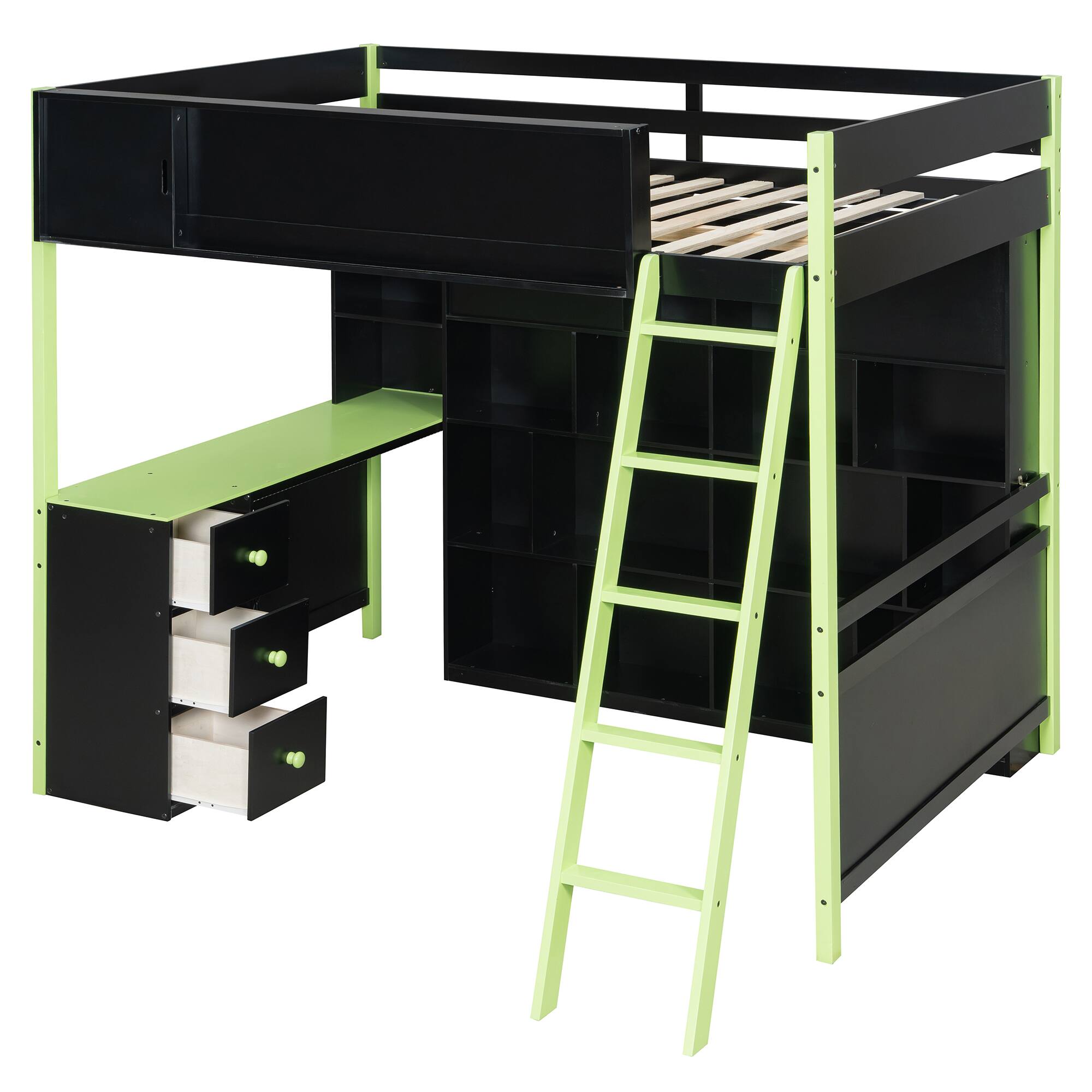 Back. Anysun - Full Size Wood Loft Bed with Desk, Ample Storage Space and Light - Green.