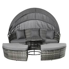 Outsunny - 4 Piece Round Rattan Daybed, Convertible Patio Furniture Set, Adjustable Sun Canopy, Sectional Outdoor Sofa, 2 Chairs - Gray