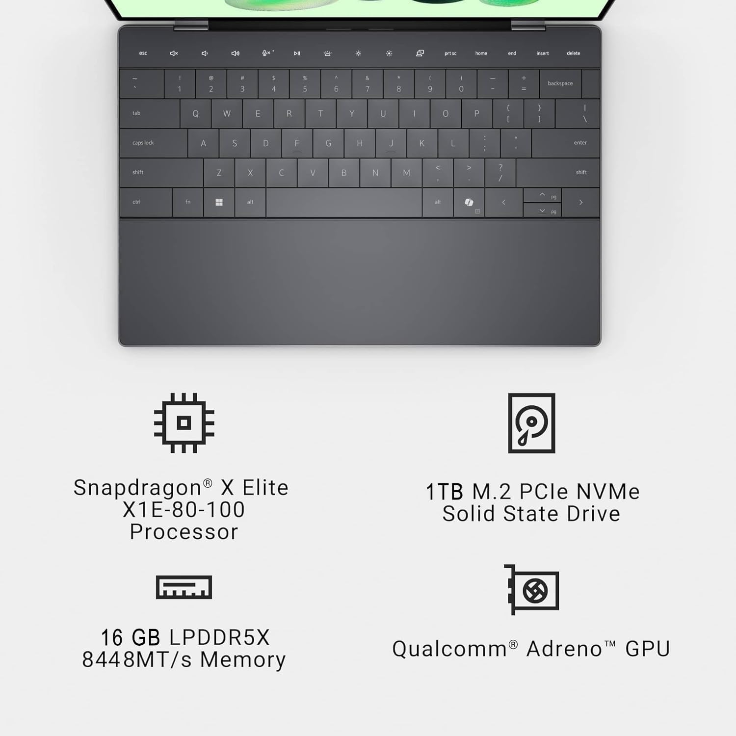 Sure, here is the corrected and grouped text:

---

**Snapdragon® X Elite X1E-80-100 Processor**

**1TB M.2 PCIe NVMe Solid State Drive**

**16 GB LPDDR5X 8448MT/s Memory**

**Qualcomm® Adreno™ GPU**

---

This text is organized to clearly list the specifications of the device.
