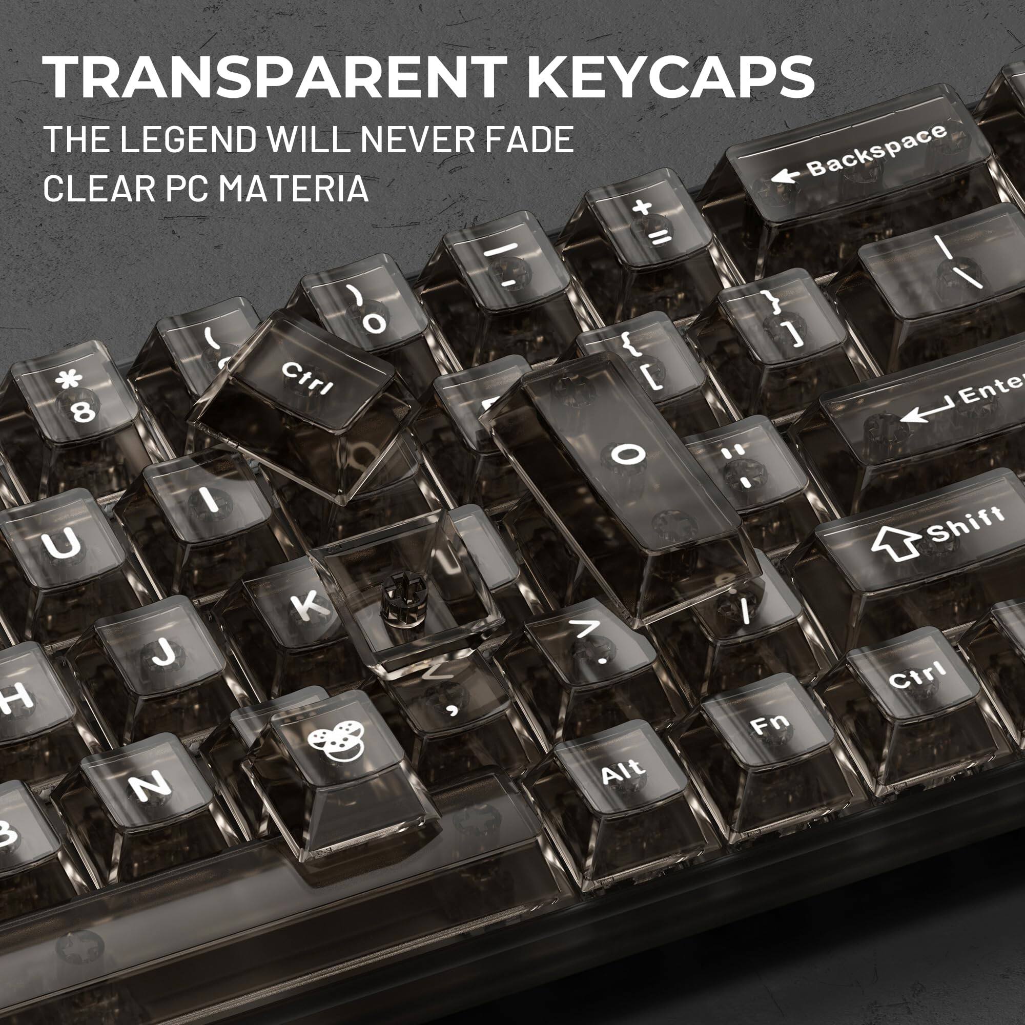 TRANSPARENT KEYCAPS  
THE LEGEND WILL NEVER FADE  
CLEAR PC MATERIA  

Backspace  
Clear  

Ctrl  
Enter  

Shift  

Alt  
Fn  

Ctrl  

8  
0  
I  
U  
K  
J  
H  
N  
B  

+  
=  
-  
(  
)  
{  
}  
[  
]  
*  
/  
.  
,