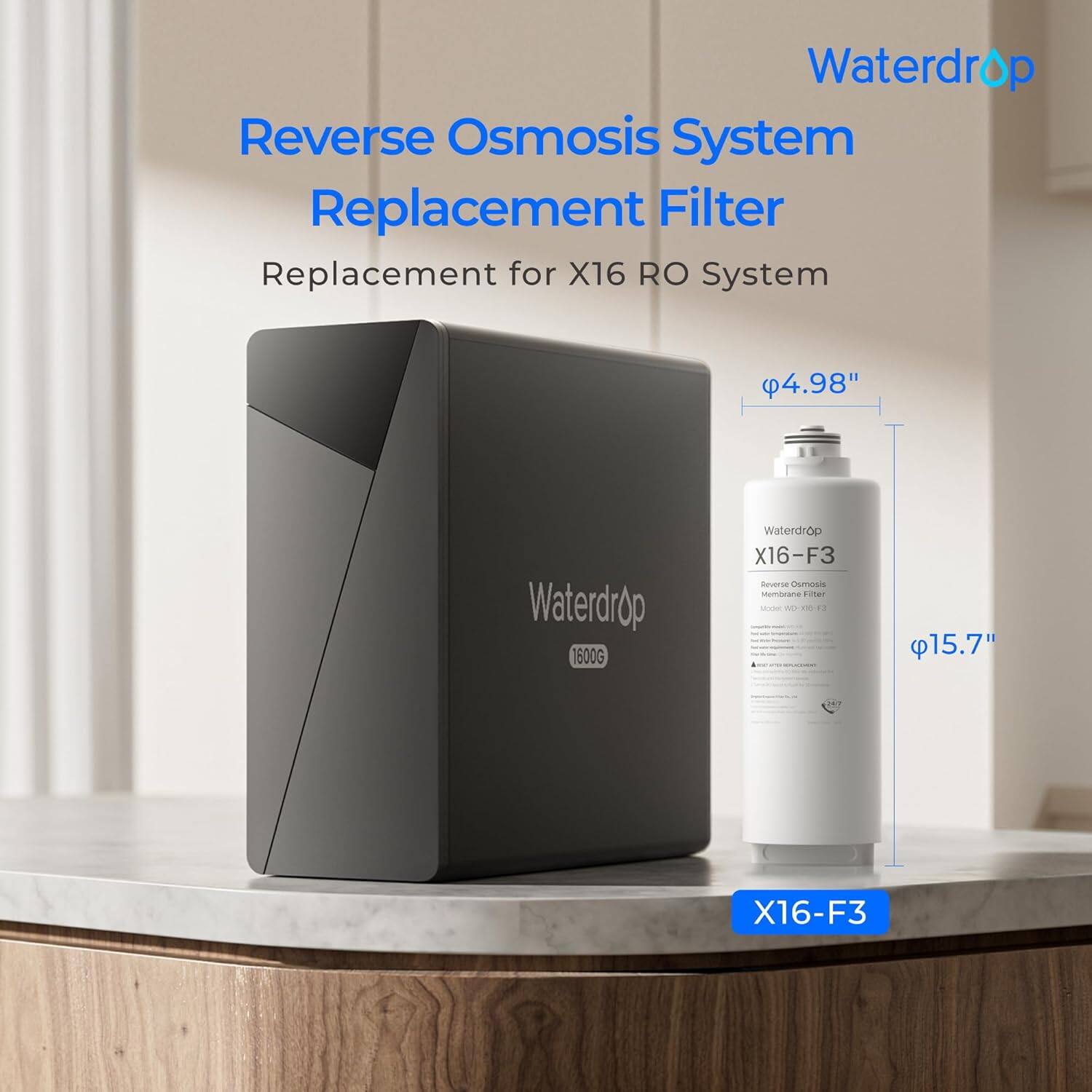 Waterdrop Reverse Osmosis System Replacement Filter Replacement for X16 RO System 4.98" Waterdrop 1600G Waterdrop X16-F3 15.7" 1 X16-F3
