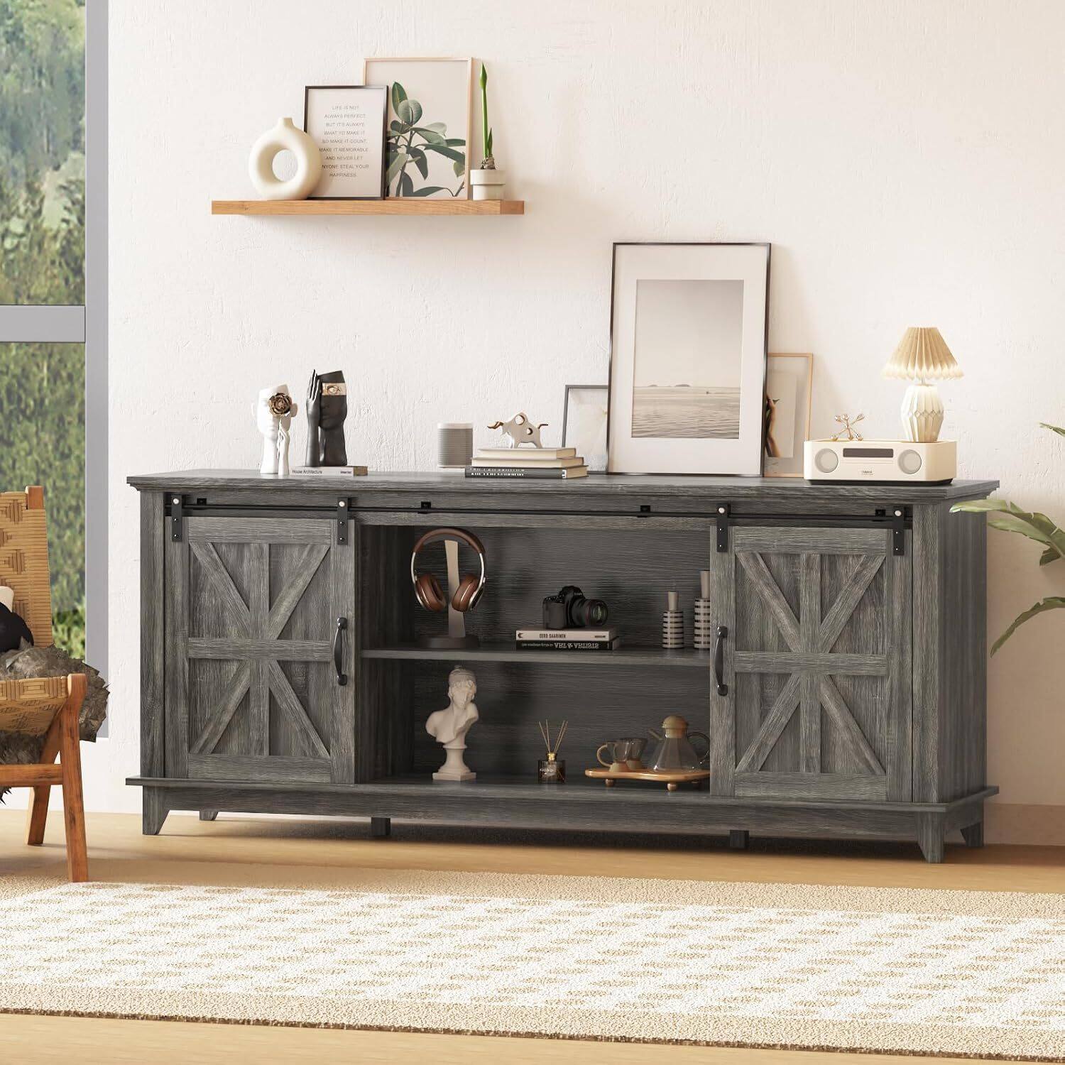 Front. GARVEE - 66" Farmhouse TV Stand, Media TV Console Table Cabinet with Adjustable Shelf, Walnut - Oak.