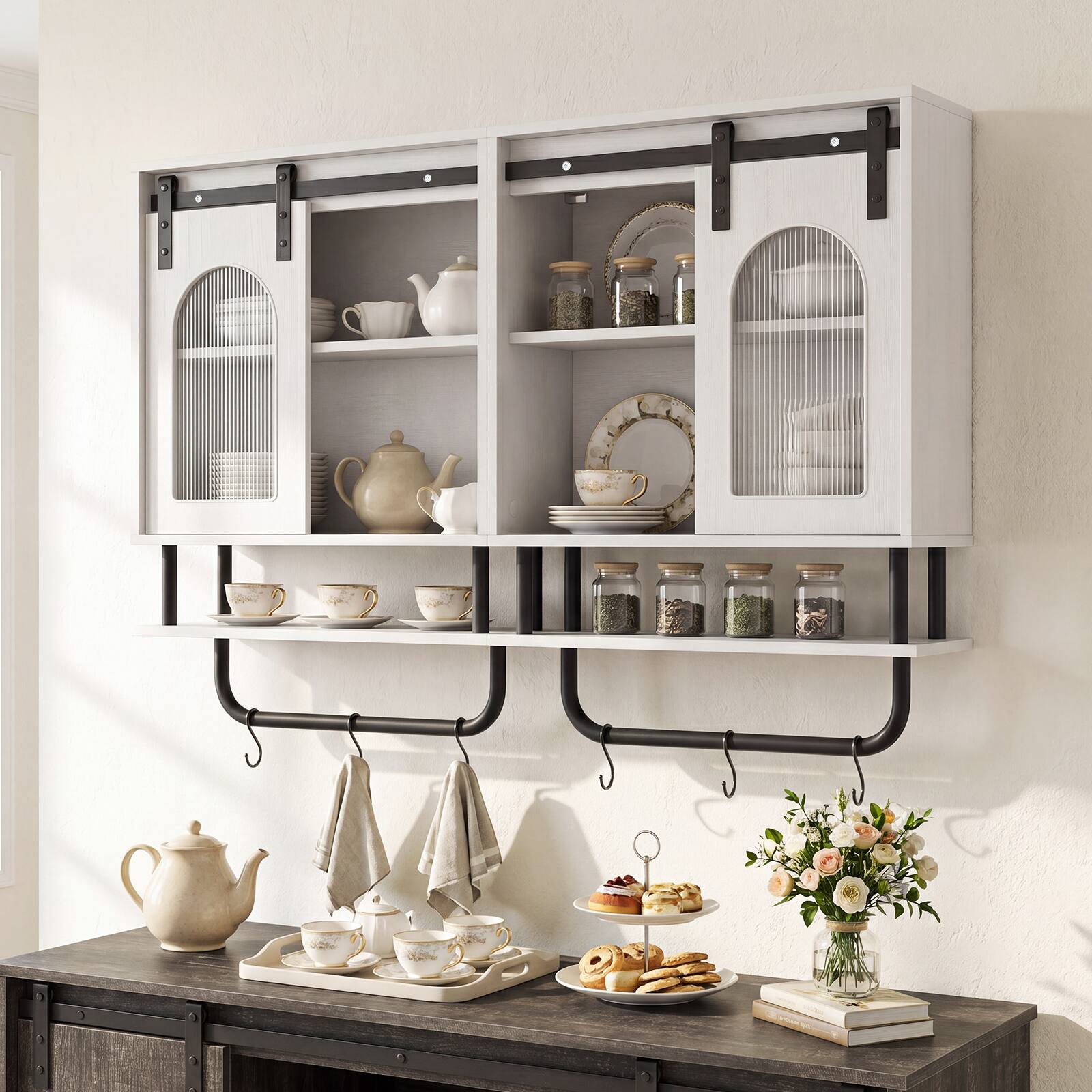 Alt View 3. Costway - Costway Bathroom Wall Cabinet with Sliding Barn Door Metal Hanging Bar 3 Hooks for Kitchen - White + Black.