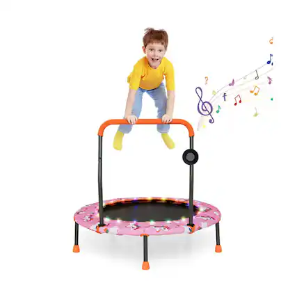 Front. Pefilos - 36 Inch Mini Trampoline with Colorful LED Lights and Bluetooth Speaker-Pink, Bounce Trampoline for Outdoor as Garden - Pink.