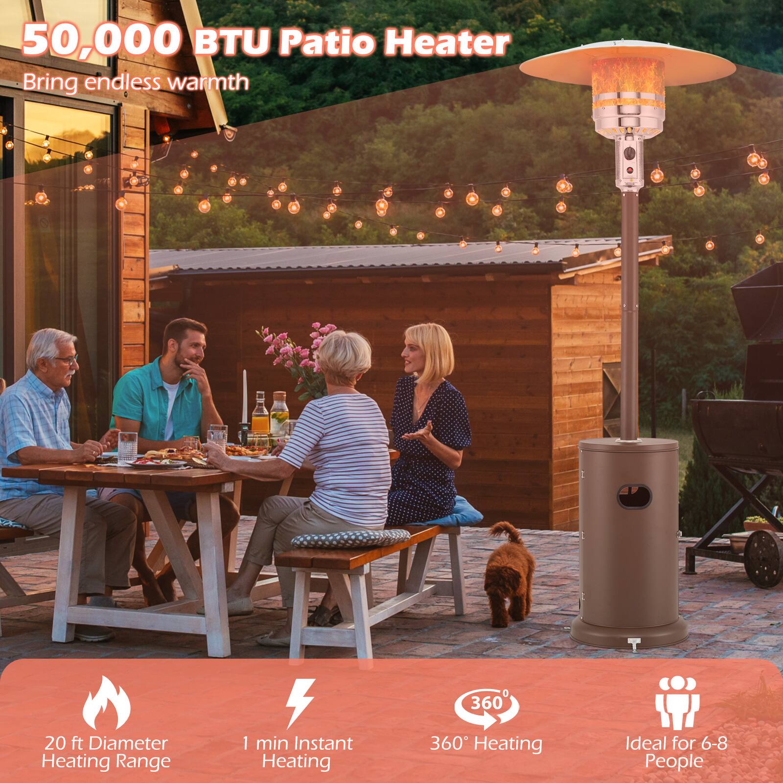 50,000 BTU Patio Heater Bring endless warmth 20 ft Diameter Heating Range 1 min Instant Heating 360° Heating Ideal for 6-8 People