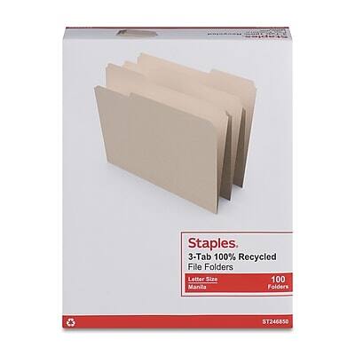 Staples  
3-Tab 100% Recycled File Folders  
Letter Size  
100 Manilla Folders  
ST246850