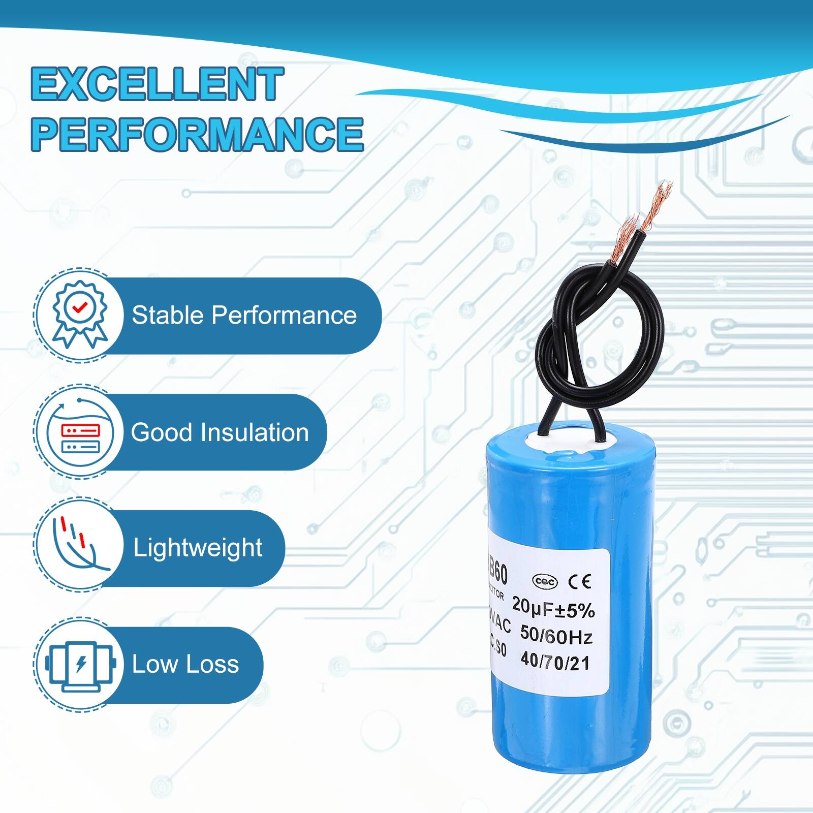 EXCELLENT PERFORMANCE

- Stable Performance
- Good Insulation
- Lightweight
- Low Loss

860 cGC CE EnoR AC 20uF±5% C.30 50/60Hz 40/70/21