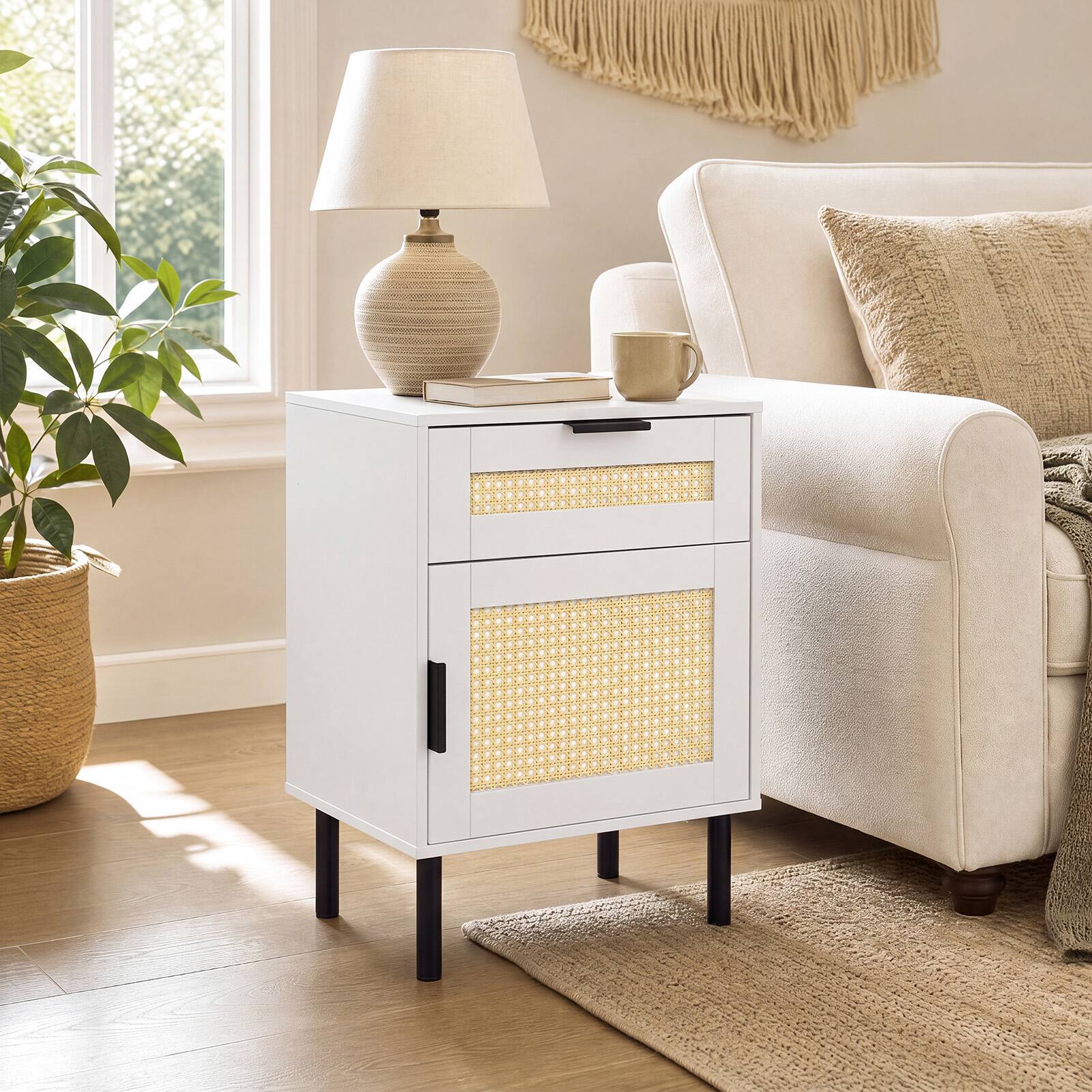 Alt View 4. Gymax - Gymax Set of 2 Rattan Nightstand w/ Drawer & Storage Cabinet 2 Anti-Tipping Kits White & Natural - White.