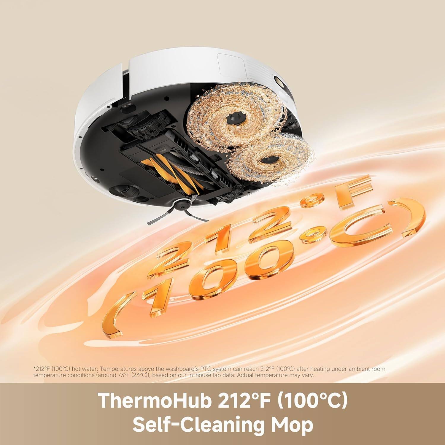 WN (100) 212°F (100°C) hot water: Temperatures above the washboard's PTC system can reach 212°F (100°C) after heating under ambient room temperature conditions (around 75°F (23°C)), based on our in-house lab data. Actual temperature may vary. ThermoHub 212°F (100°C) Self-Cleaning Mop
