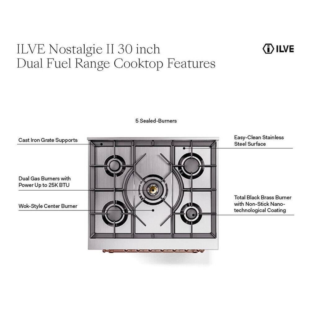 ILVE Nostalgia II 30 inch Dual Fuel Range Cooktop Features

- 5 Sealed-Burners
- Cast Iron Grate Supports
- Easy-Clean Stainless Steel Surface
- Dual Gas Burners with Power Up to 25K BTU
- Wok-Style Center Burner
- Total Black Brass Burner with Non-Stick Nano-technological Coating