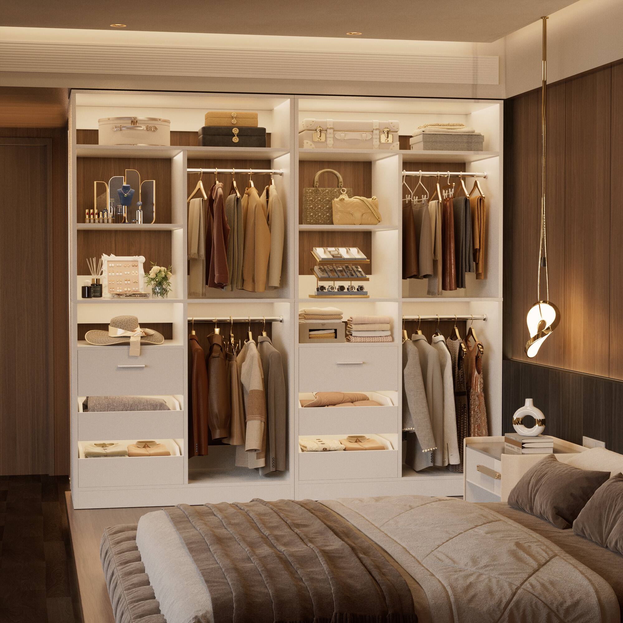 Left. Aheaplus - 36" Wood Modular Walk-in Freestanding Closet Organizer: Closed/Half-Open Drawers, 6 Shelves (36" L x 15" W x 80" H) - White.