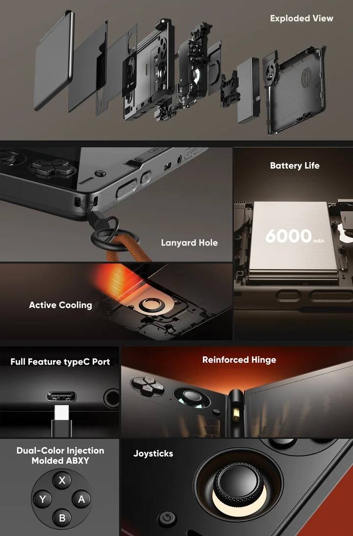 - Exploded View
- Battery Life
- Lanyard Hole
- 6000 mAh
- Active Cooling
- Full Feature typeC Port
- Reinforced Hinge
- Dual-Color Injection Molded ABXY
- Joysticks X Y A B