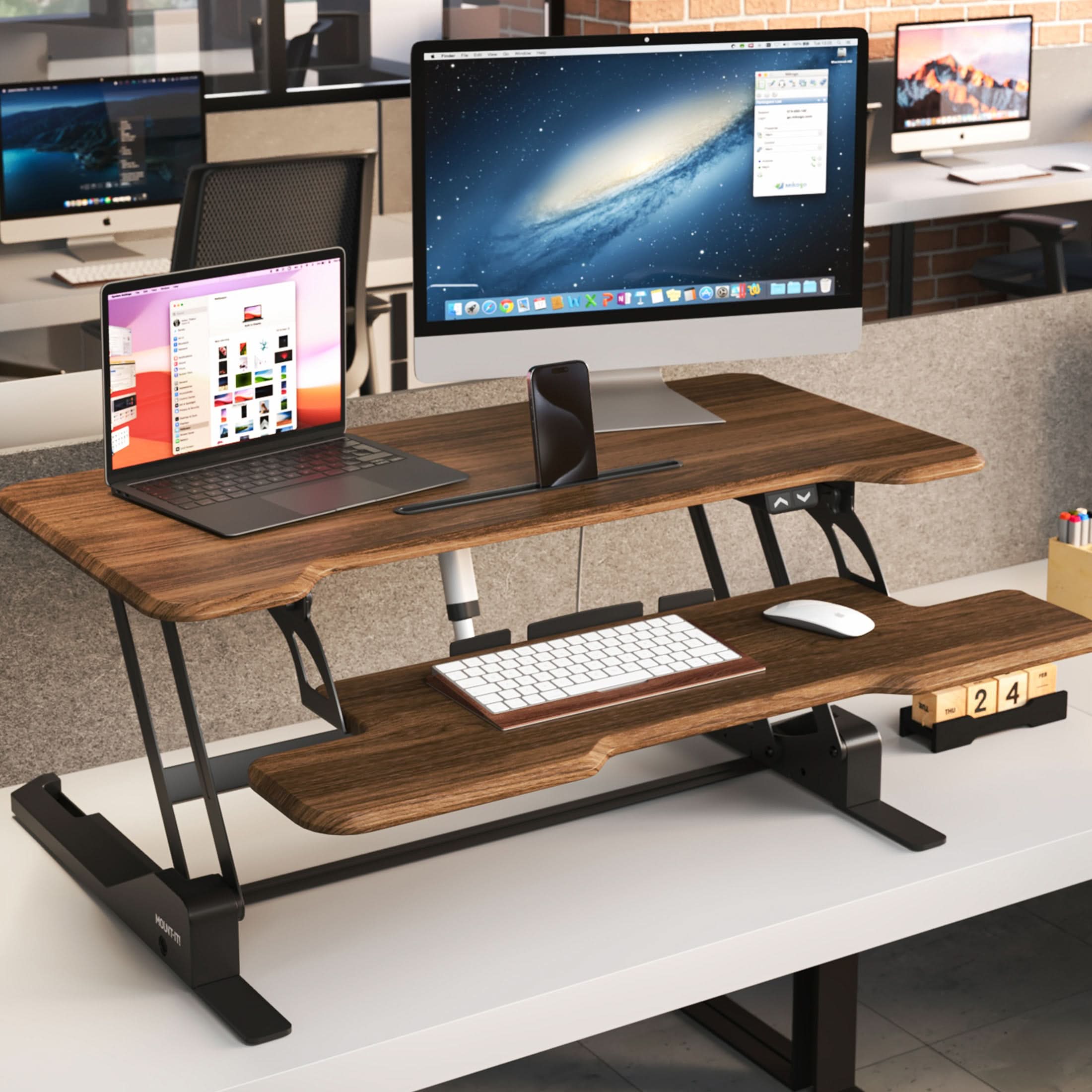 Back. Mount-It! - Electric Standing Desk Converter with 38" Adjustable Sit-Stand Work Surface and Quiet Motor Lift, Brown - Black.