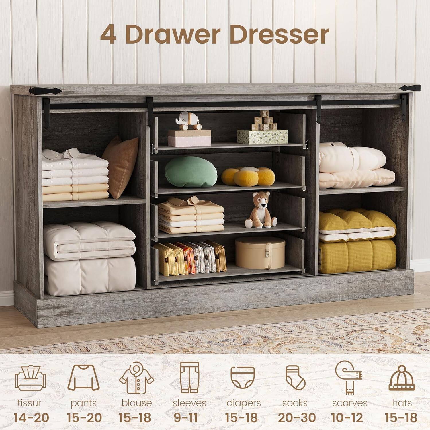 4 Drawer Dresser

- tissur: 14-20
- pants: 15-20
- blouse: 15-18
- sleeves: 9-11
- diapers: 15-18
- socks: 20-30
- scarves: 10-12
- hats: 15-18