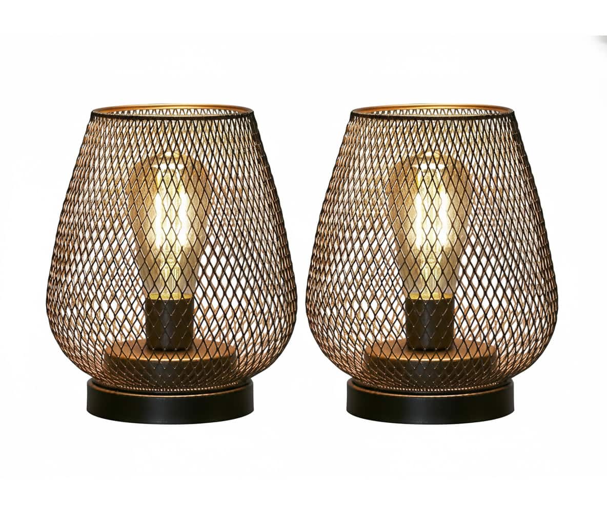 FINEAK - Set of 2 8.5" Battery-Powered LED Lanterns - Metal Cage Accent Lights for Indoor & Outdoor Use - Black;Gold;White