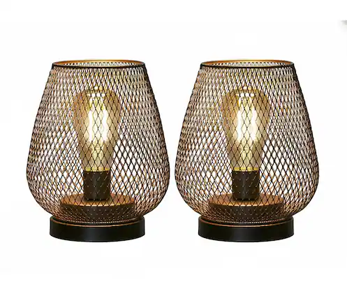 Front. FINEAK - Set of 2 8.5" Battery-Powered LED Lanterns - Metal Cage Accent Lights for Indoor & Outdoor Use - Black;Gold;White.