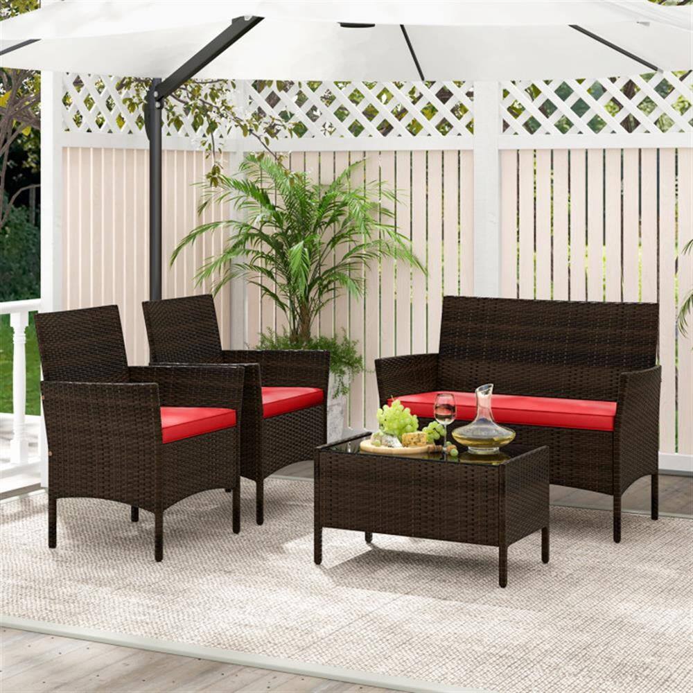 Angle. Kadyn - Patio Furniture Sets,Outdoor & Patio Furniture Sets,4 Piece Patio Rattan Conversation Set with Cozy Seat Cushions-Red - Red.