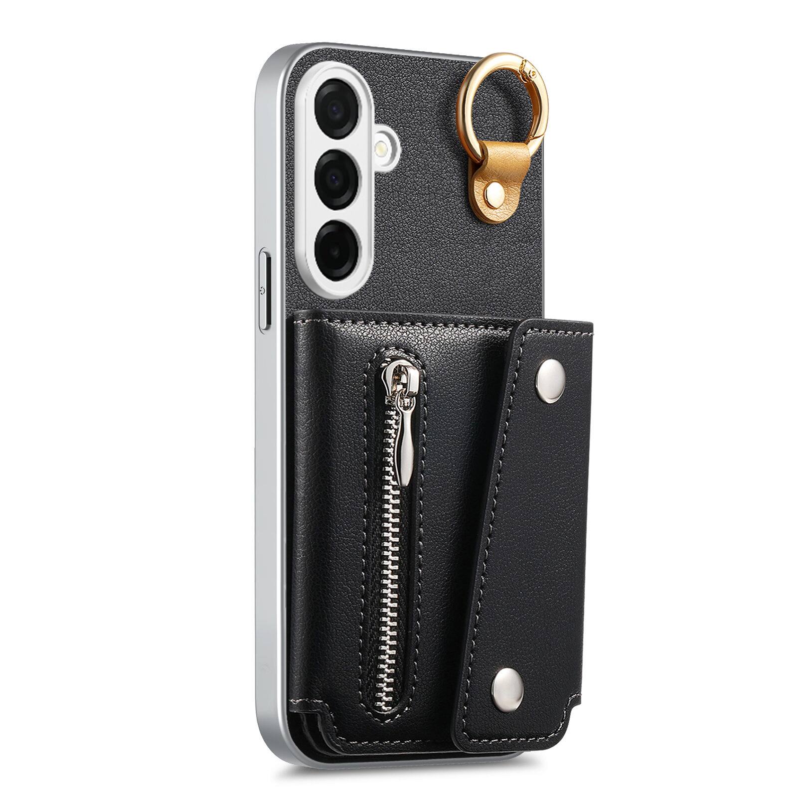 Angle. Dteck - PU Leather Zipper Wallet Phone Case for Samsung Galaxy A16 5G with Ring Buckle, Shockproof Kickstand Protective Cover - Black.